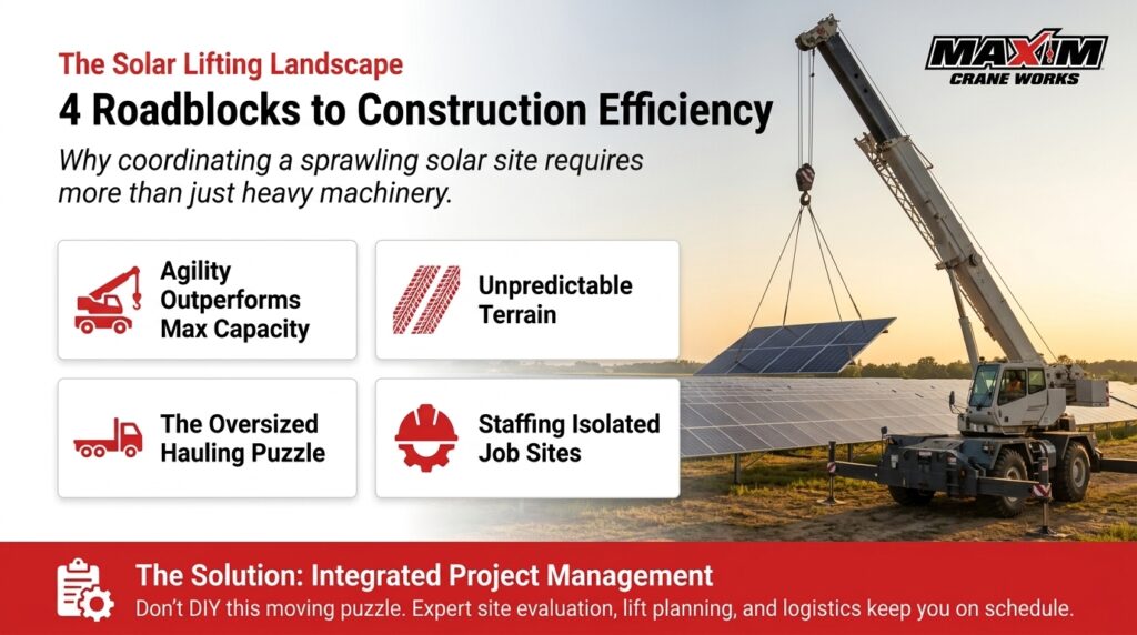 Crane lifting solar panels for efficient solar farm construction and project management.