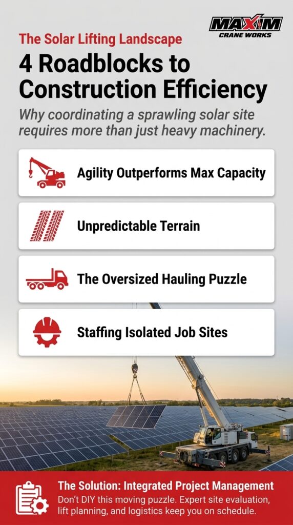 Crane lifting solar panels for efficient solar farm construction and project management.